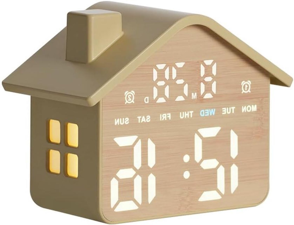 Kinderwekker Nachtlampje - Digitale Klok - Kinderslaapkamer Decoratie - Huisvormig Ontwerp - 15 x 11 x 8 cm - Geel