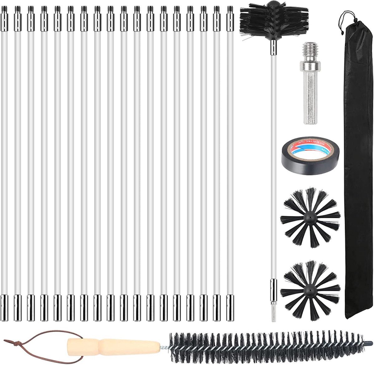 Schoorsteenreinigingsset - Inclusief boilerborstel, kachelborstel, schoorsteenborstel, pijpborstel en haardborstel - Multifunctionele reinigingsborstel - 18 handvatten - Verstelbaar - Nylon PP handvat