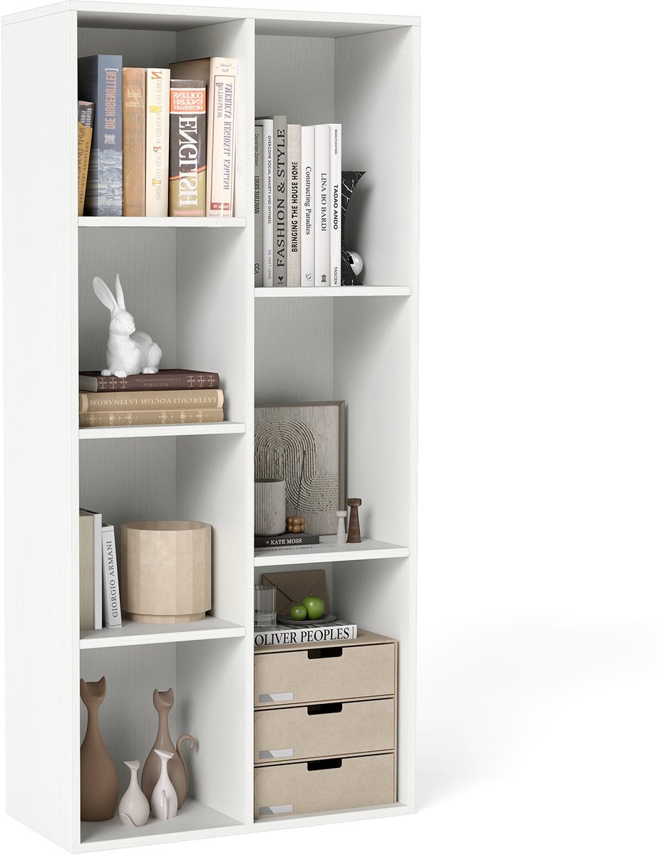 COSTWAY Boekenkast met 7 vakken, Staande kast Ruimteverdeler Rek, Kubusrek verticaal of horizontaal, Opbergrek vrijstaand met 2 anti-kipsets voor woonkamer (Wit, 49,5 x 23 x 106 cm)