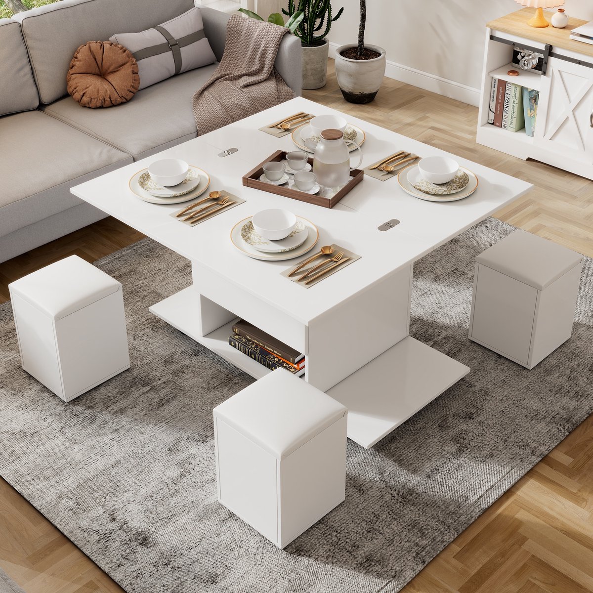 Sweiko Salontafel - In hoogte verstelbaar tafelblad - Opbergruimte - Om te vormen tot eettafel/bureau - 4 krukken - Wit