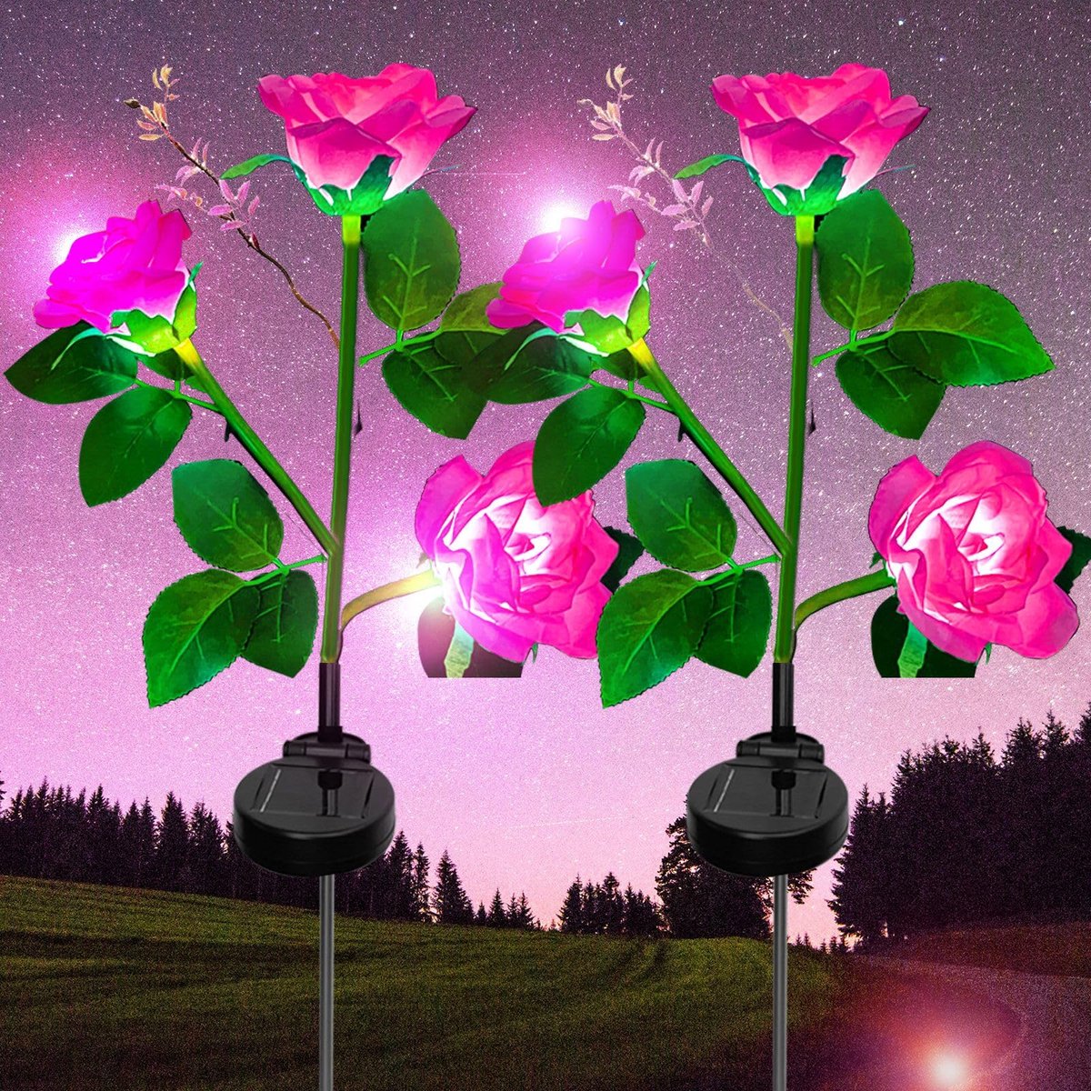 SnelShoppen - Solar Tuinverlichting LED Roos Zonnelamp Buiten - Waterdichte Decoratieve Rozenverlichting met Breder Zonnepaneel - 2 Stuks Roze voor Tu