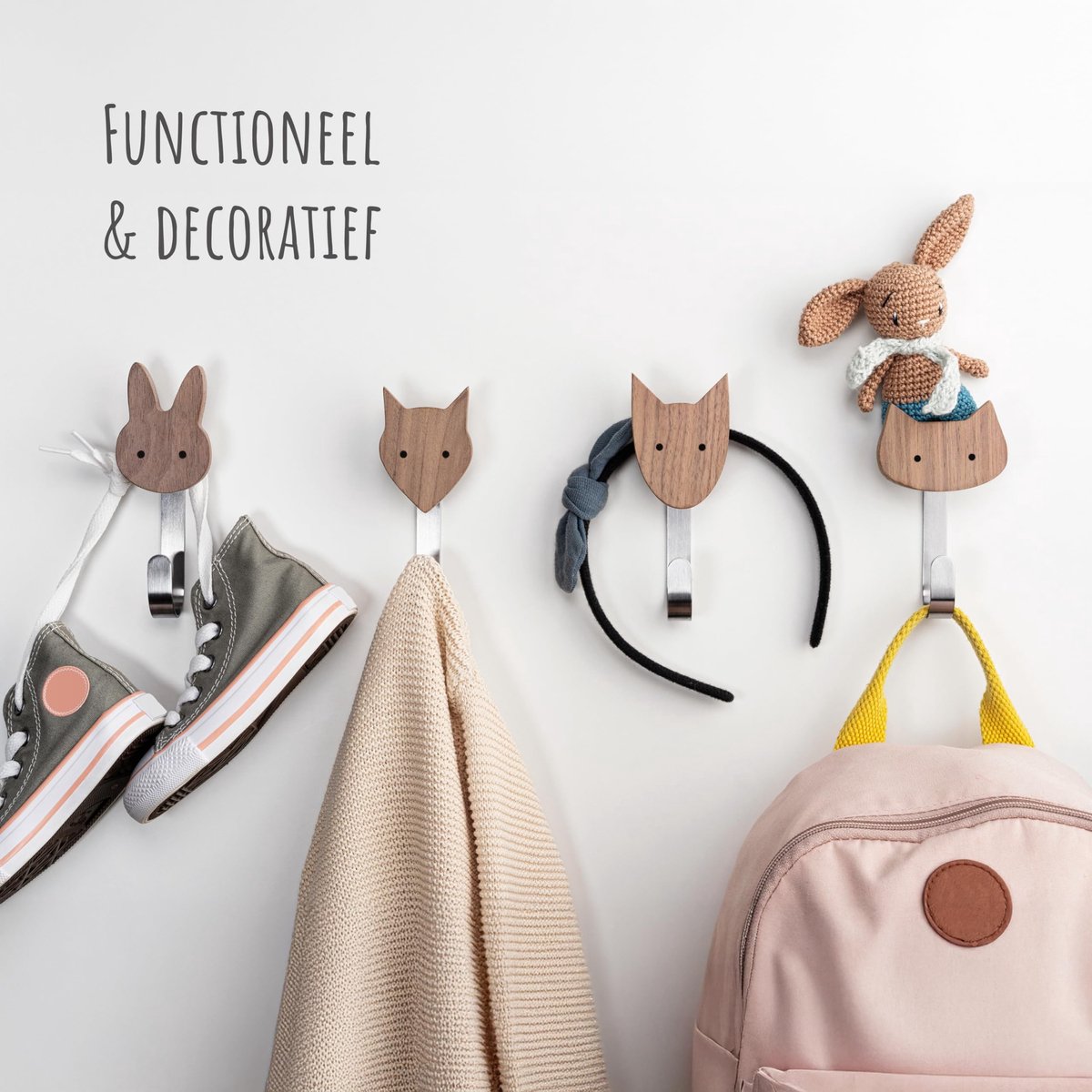 SnelShoppen - Wandhaken voor Kinderen van Notenhout (Set van 4) - Schattige Kledinghaken met Diermotieven: Hond, Kat, Vos, Haas - Hoogwaardige Scandin