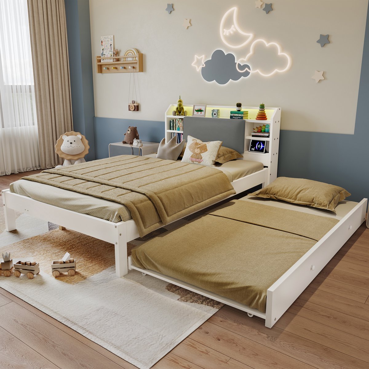 STILVORA Bed 120x200 cm – Met Uittrekbed 90x190 cm – LED-Lichtstrip & Laadstation – Hoofdbord Met Opbergruimte – Voor Jeugdkamer – Hout – Wit – Zonder Matras