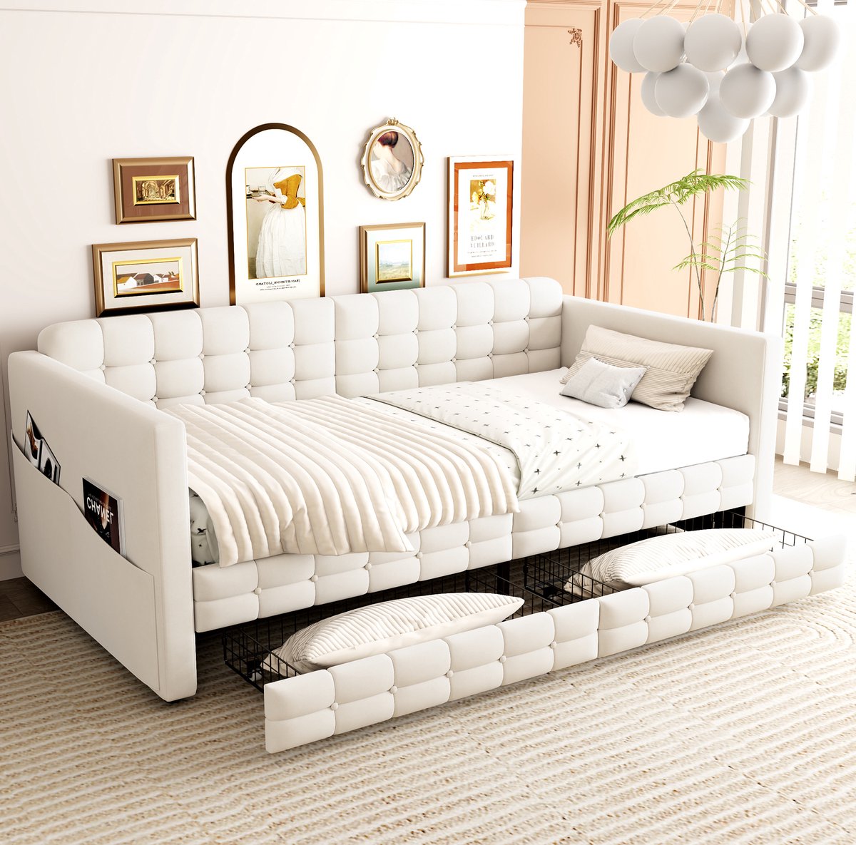 STILVORA Slaapbank 90x190 cm – Klassiek Gestoffeerd Bed Met Opbergtassen En 2 Lades – Lattenbodem – Voor Logeerkamer – Velours – Beige – Zonder Matras