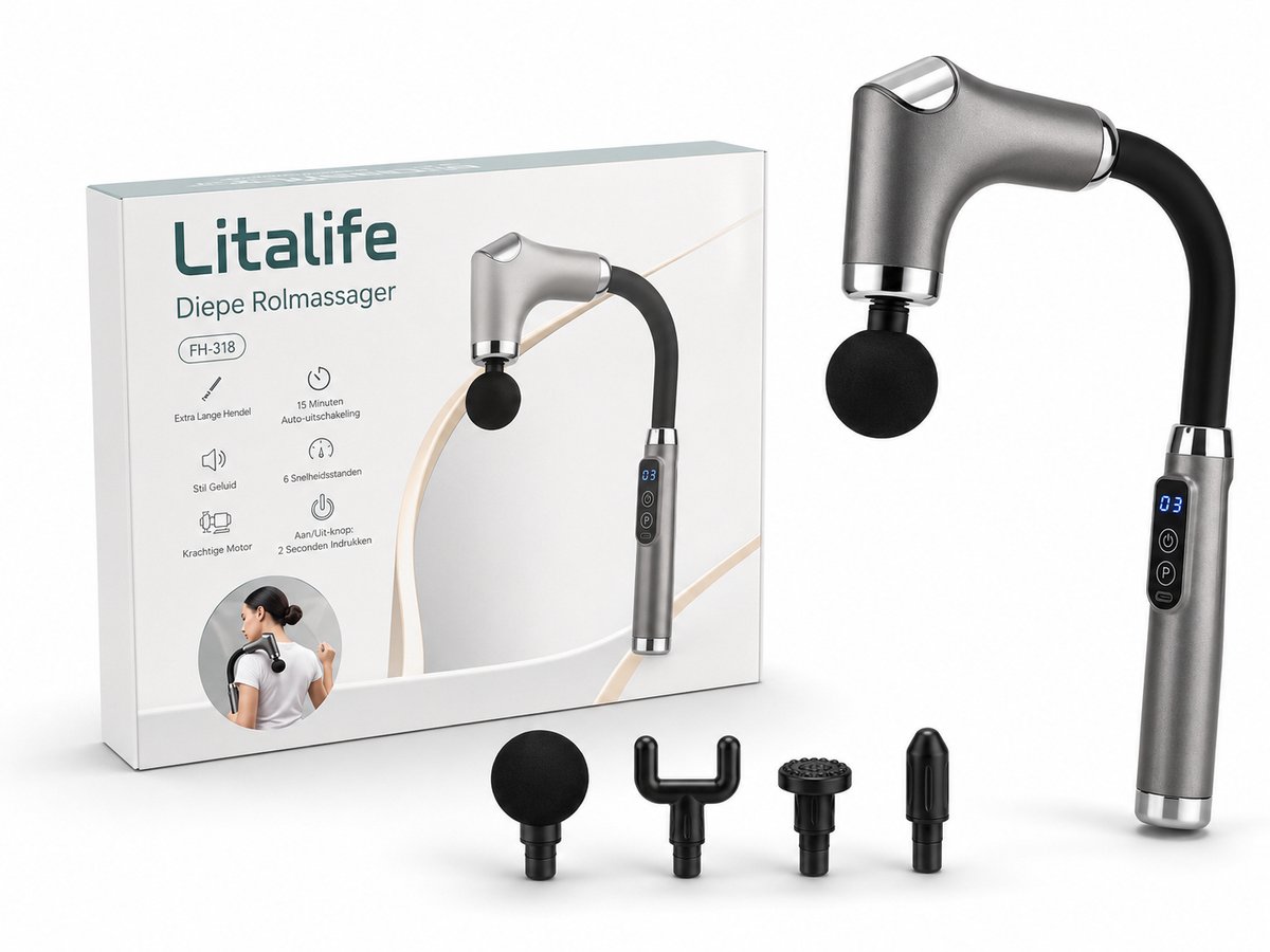 Litalife® Massage Apparaat voor Nek, Rug, Schouders en Benen - Massage Gun - Professioneel Massageapparaat - Extra Lange Ergonomische Hendel - Digitaal LCD Display - 4 Opzetstukken - 6 Standen - Draadloos - Grijs