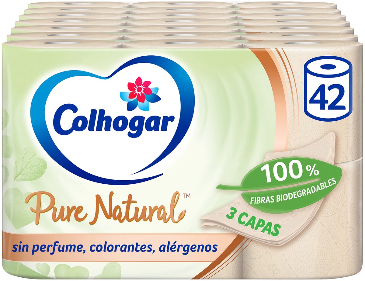 SnelShoppen - Colhogar Pure Natural 3-laags Toiletpapier, Biologisch Afbreekbaar, Zacht en Robuust, 42 Rollen, Natuurlijke Kleur, Dermatologisch Getes