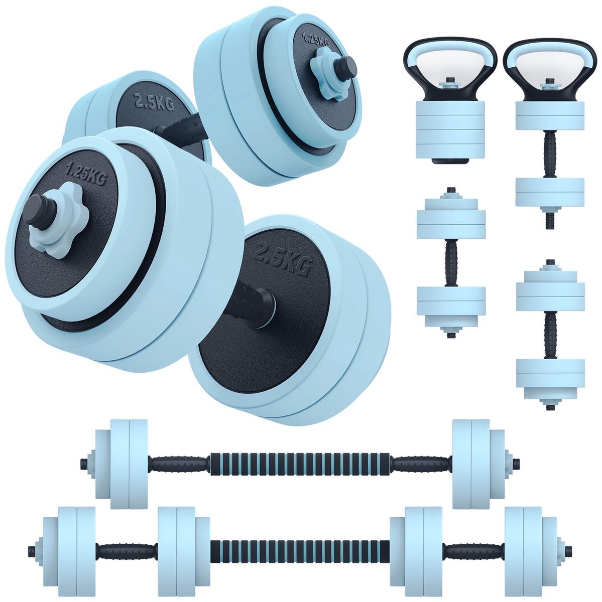 SnelShoppen - PASYOU 4 in 1 Hantelset, Verstelbare Hantels tot 20kg, Kettlebell & Liegestütze, Dumbbell Set met Verbindingsbuis voor Thuisfitness, Gew