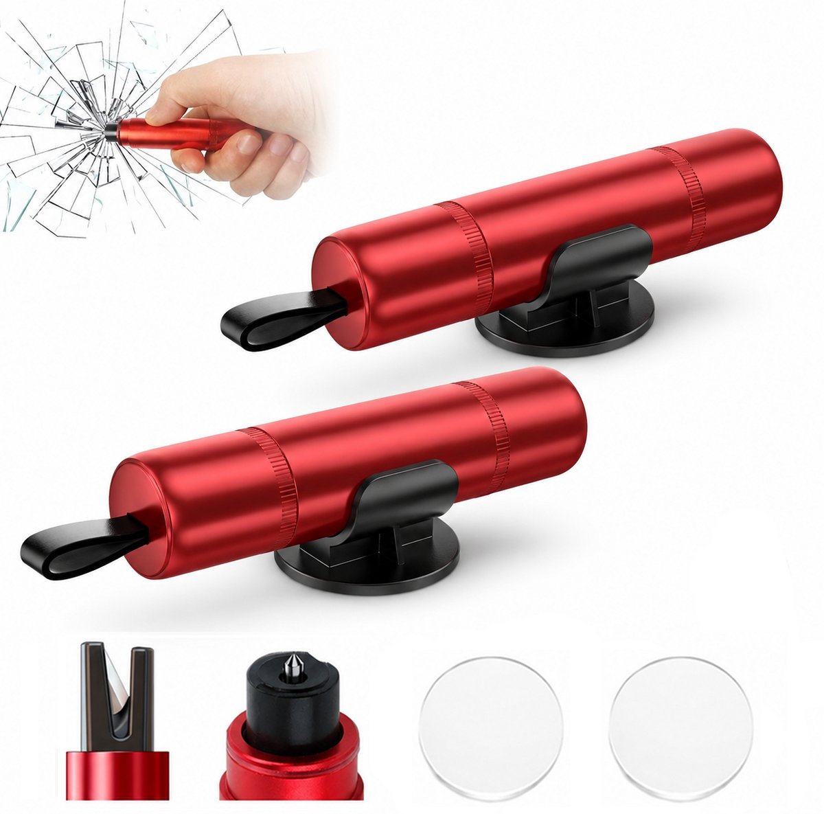 Veiligheidshamer / Noodhamer Auto - 2 in 1 Ruitenbreker & Gordelsnijder - Set van 2 - Inclusief Testglas & Zelfklevende Houder - Draagbare Auto Veiligheidsset - Rood - SOLLBRY®