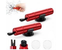 Veiligheidshamer / Noodhamer Auto - 2 in 1 Ruitenbreker & Gordelsnijder - Set van 2 - Inclusief Testglas & Zelfklevende Houder - Draagbare Auto Veiligheidsset - Rood - SOLLBRY®