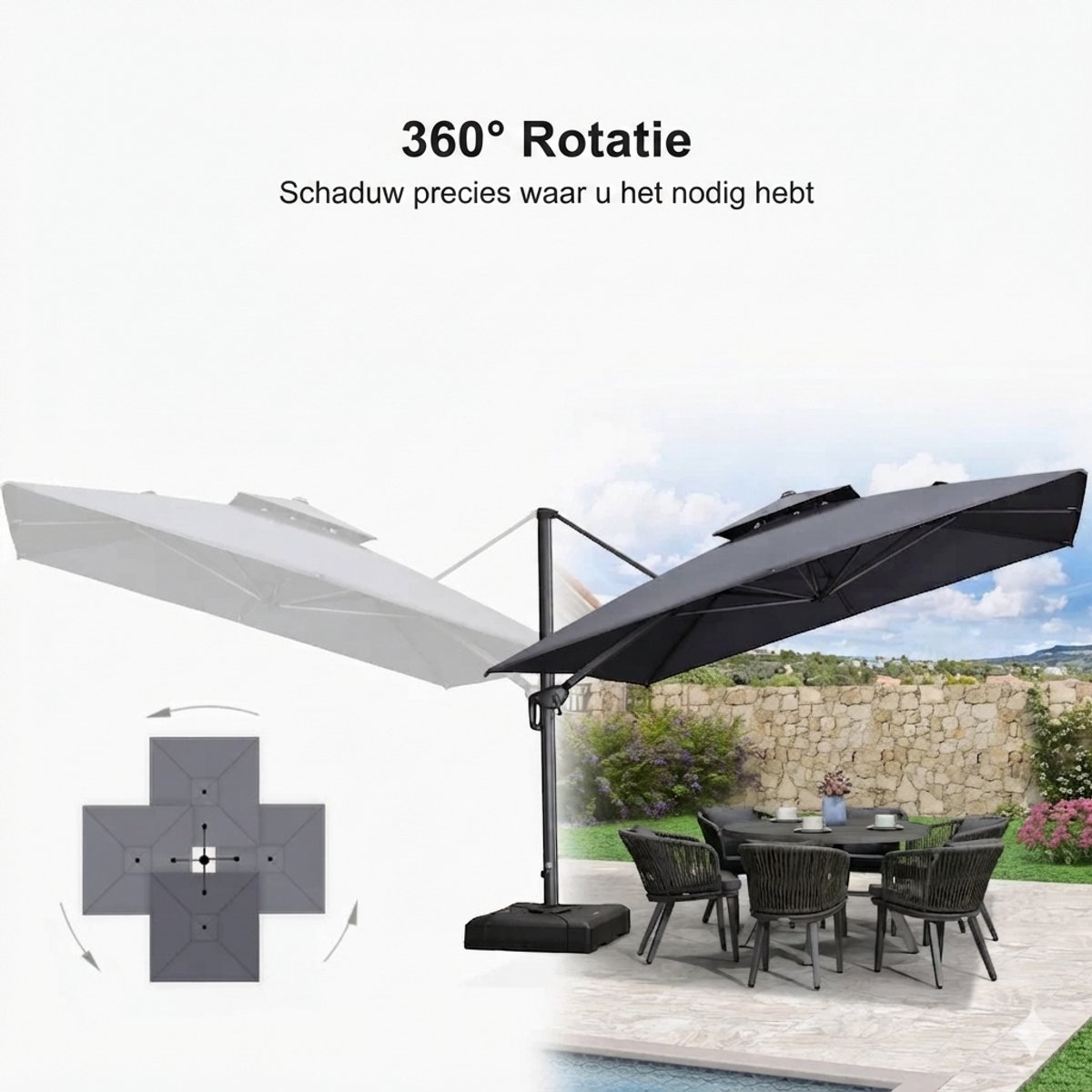 Purple Leaf Parasol déporté à double toit et manivelle 300x300 cm - Gris