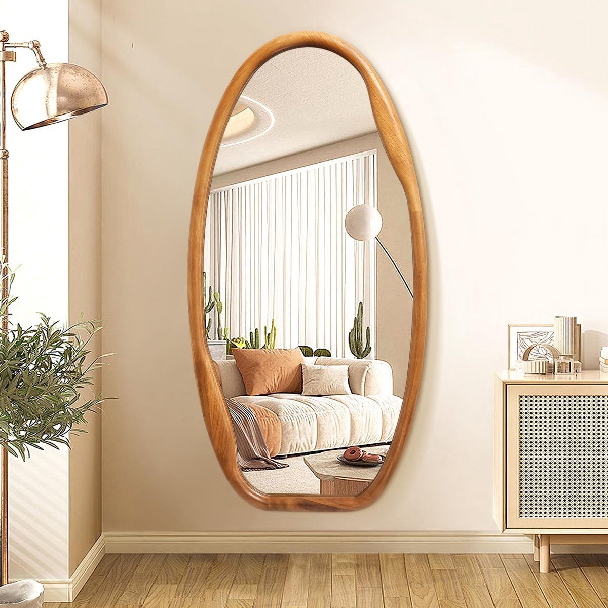 SnelShoppen - JJUUYOU Wandspiegel Hout 100x50cm - Asymmetrische Decoratieve Vintage Hangspiegel voor Badkamer, Slaapkamer, Woonkamer, Entree, Garderob