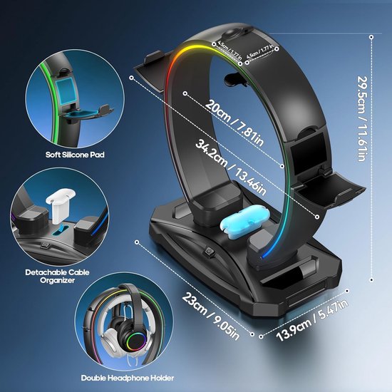 RGB Headset & Controller Standaard met 9 Lichtmodi en Kabelorganizer — afbeelding 4