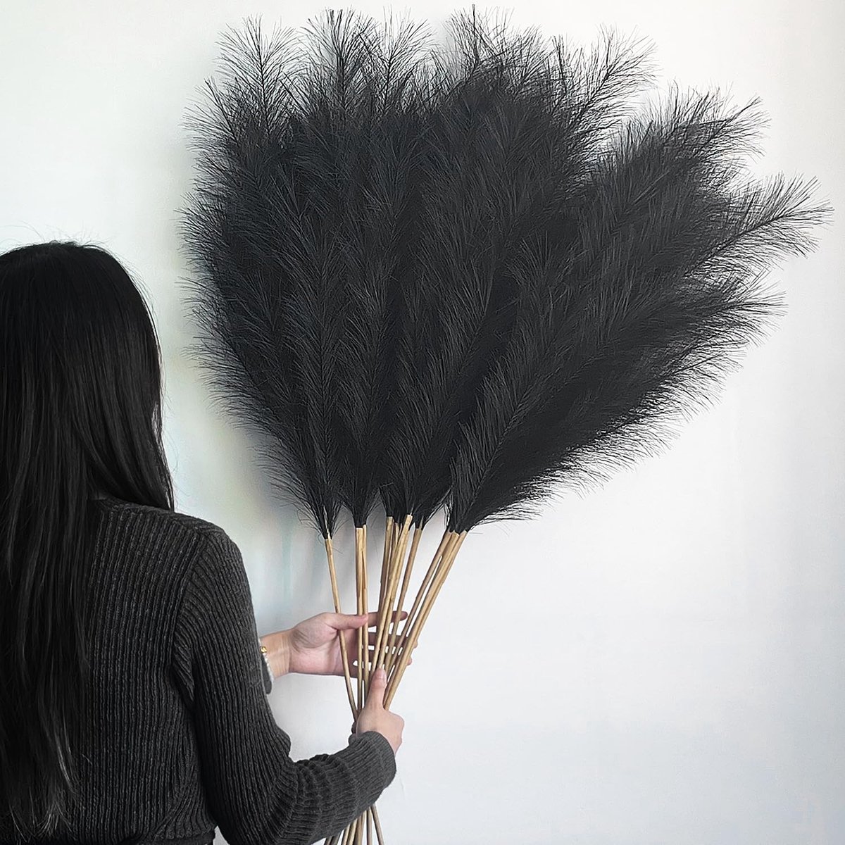 SnelShoppen - 12 stuks Kunstmatig Pampasgras XXL Pluizig 115 cm - Zwart - Kunstmatige Gedroogde Bloemen voor Boho-Vaas, Vloervaas, Woonkamer, Slaapkam