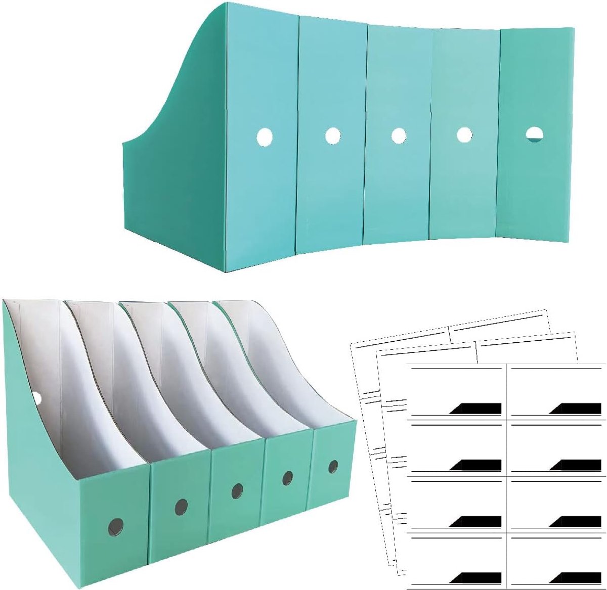 SnelShoppen - 12 stuks groenblauwe kartonnen tijdschrifthouders, opvouwbare maphouders voor kantoor, school of thuis, groot volume, multifunctioneel e