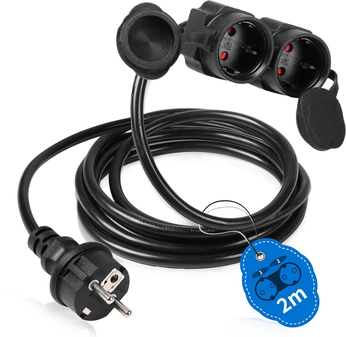 SnelShoppen - Verlengkabel voor Buiten IP44, 2 m, 3500 W, 2 Geaarde Stopcontacten, Ideaal voor Tuin, Camping en Feestjes