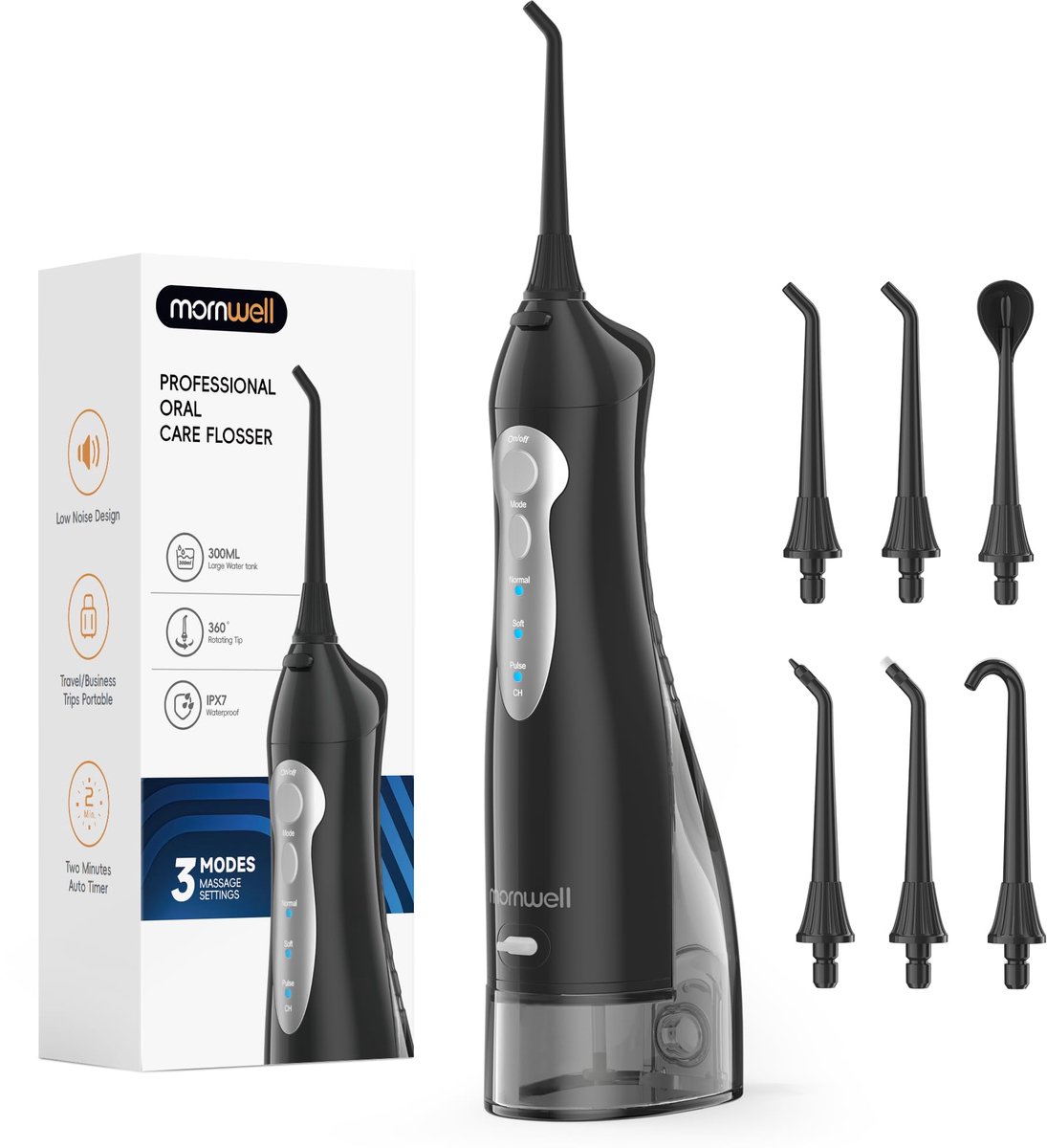 SnelShoppen - Draadloze Monddouche Water Flosser Professionele Tandenreiniger USB Oplaadbaar IPX7 Waterdicht 300 ml 3 Modi 4 Straalpunte Zwart