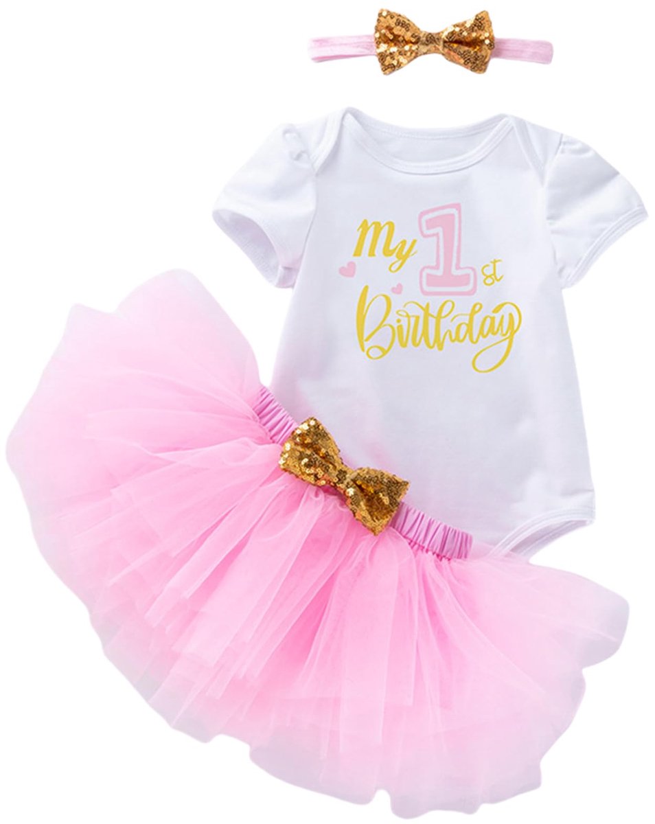 SnelShoppen - Baby Meisje Eerste Verjaardag Kleding 3 STKS - Romper, Tutu Rok, Hoofdband Set - Roze, 12-18 maanden - Cake Smash Outfit voor Fotoshoot