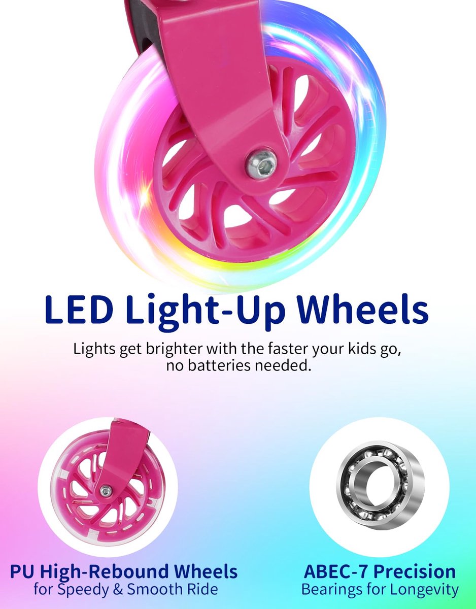 SnelShoppen - Opvouwbare Step voor Kinderen 3-12 Jaar - Antislip Platform, Verstelbare Hoogte, 2-Wielige Step met Oplichtende Wielen - Hot Pink voor M