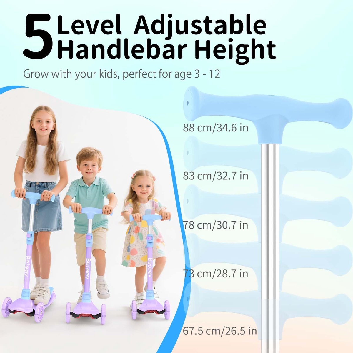 SnelShoppen - A3 Kinderstep voor 3 jaar, Hoogte Verstelbare Sturen, Lichtgevende PU-wielen, 3-Wielstep met Antislip Dek voor Meisjes en Jongens - Purp