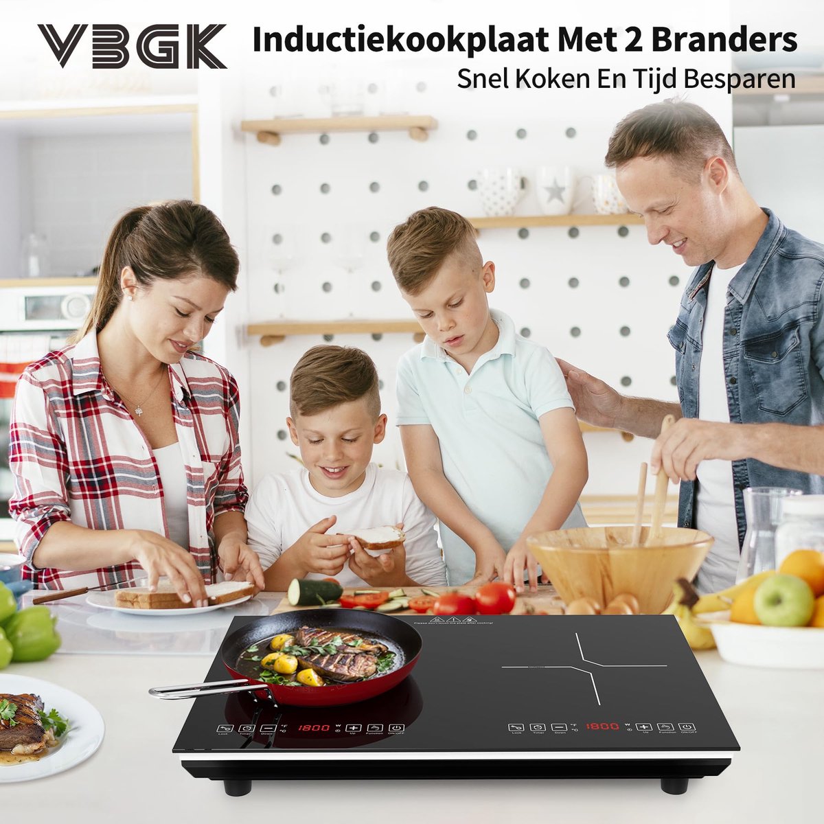 SnelShoppen - VBGK Dubbele Inductiekookplaat 3600W - Stekker Inductiekookplaat 2 Pitten met Touchsensor, 10 Vermogensniveaus, Veiligheidsslot & 3-uurs