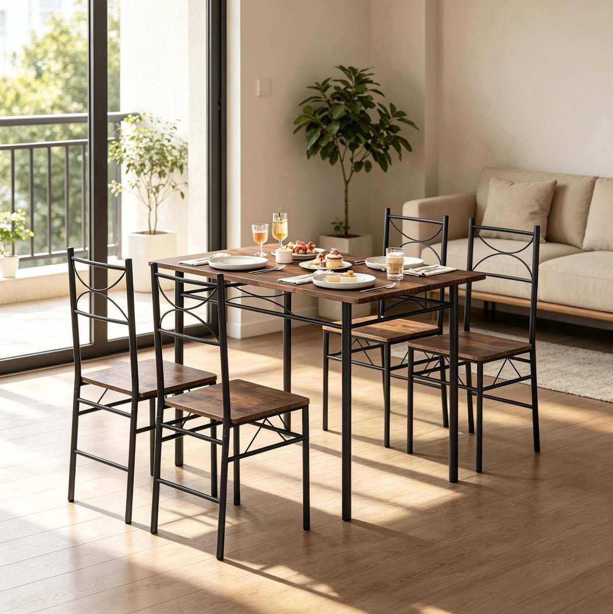 REDOM - 4-delige eetkamerset - Eettafel met 4 stoelen - Metalen frame - Ruimtebesparend - Modern - Eetkamer balkon bistro - MDF en metaal - Bruin zwart - 110 x 76 x 70 cm