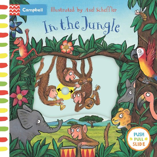 Boek 'In the Jungle', met illustraties van Axel Scheffler. Met olifant, leeuw, aapjes, papegaai en andere jungle dieren.