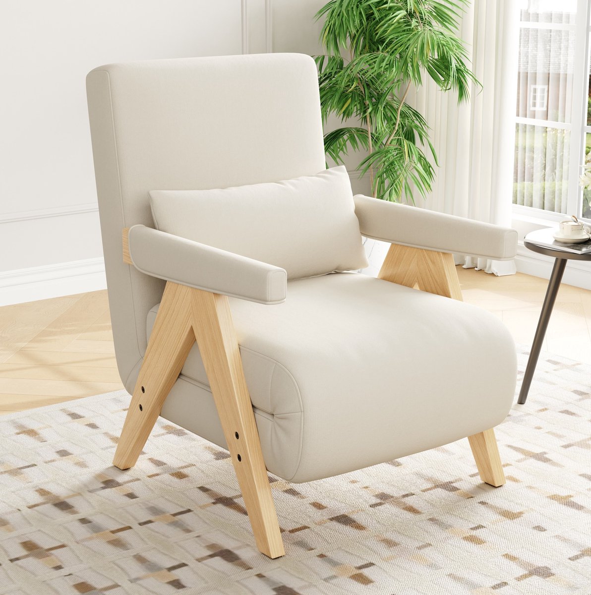 COVREO Fauteuil 87x64x60 cm – beige linnen stof, 3-in-1 slaapfauteuil met verstelbare rugleuning