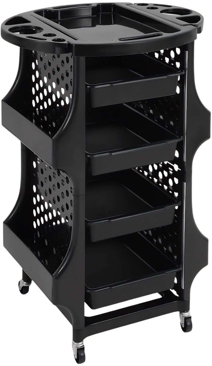 Kappers Trolley met 4 Zijframes – Verrijdbare Opbergwagen voor Kappersgereedschap met Wielen en Handgrepen voor Salon en Beautywerk – Zwart