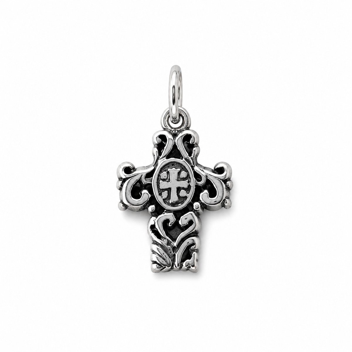 925 Zilveren Kruishanger - Sierlijke Hanger met Bewerkt Kruis en Oxidatie - Bedel voor Ketting Dames en Heren - 23x11 mm
