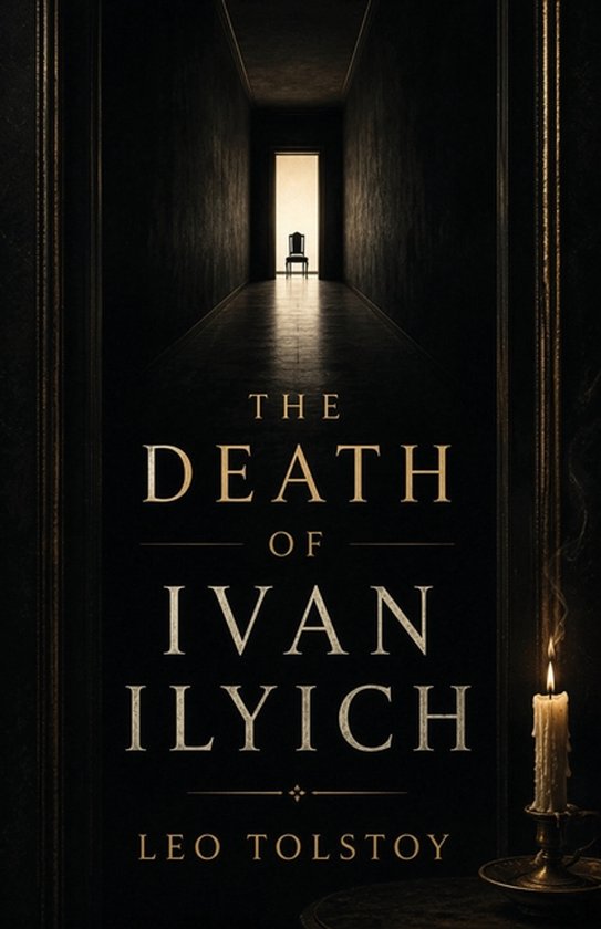 Boek kaft van 'The Death of Ivan Ilyich' door Leo Tolstoy. Een donkere gang met aan het einde een verlichte stoel.