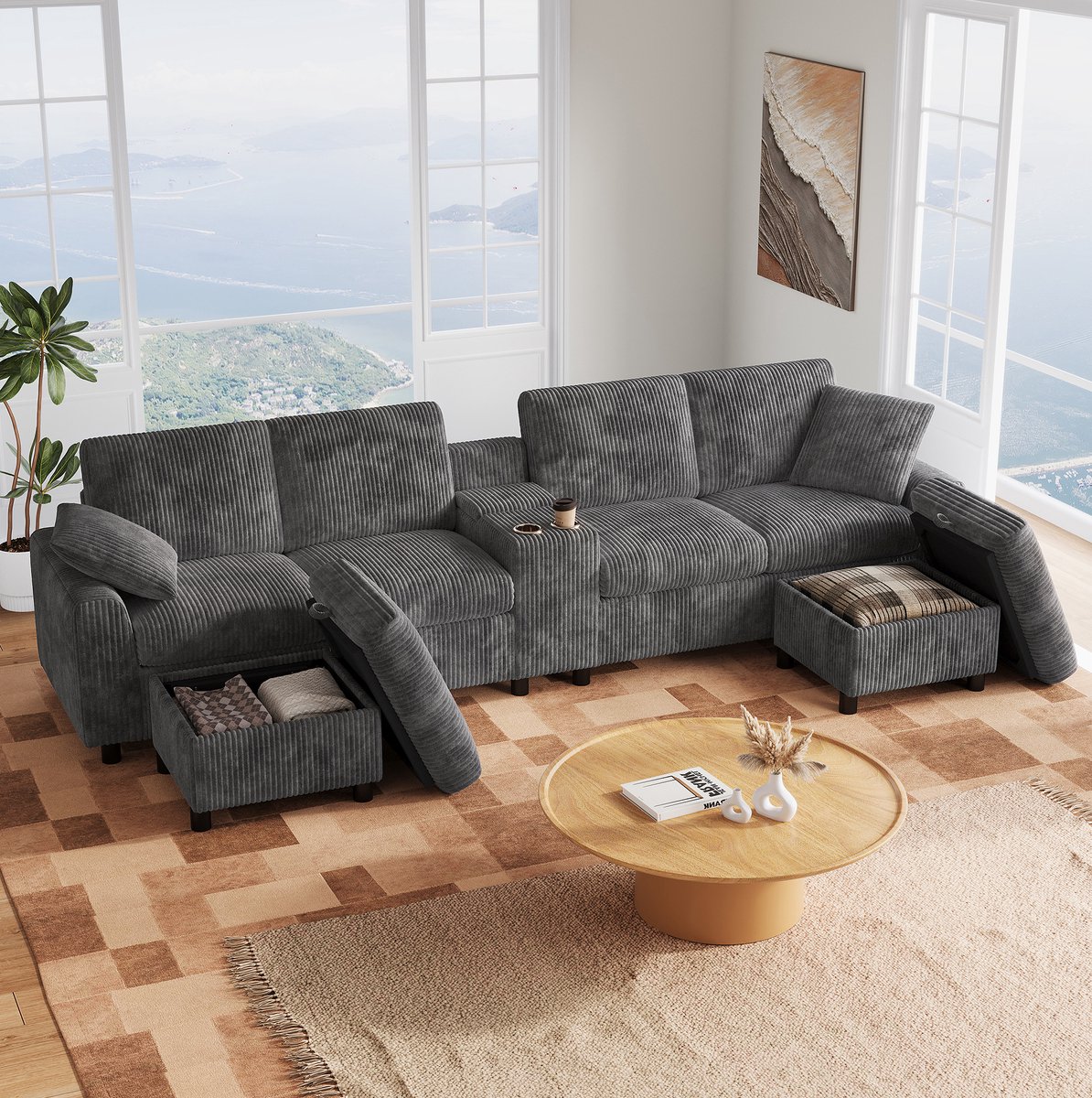 COVREO U-bank 315x135x81 cm - grijs corduroy, 2 opberghockers, USB en stopcontacten