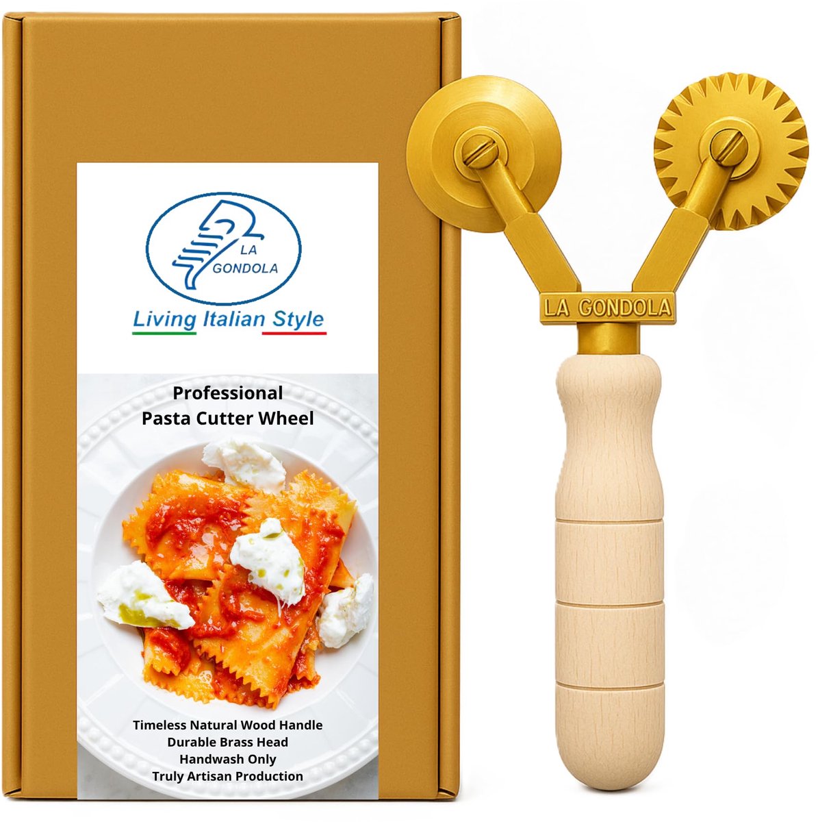 SnelShoppen - Professioneel deegwiel, dubbelzijdige deegsnijder met gladde en gegolfde snijkanten van messing en natuurlijk hout voor de keuken, bakke