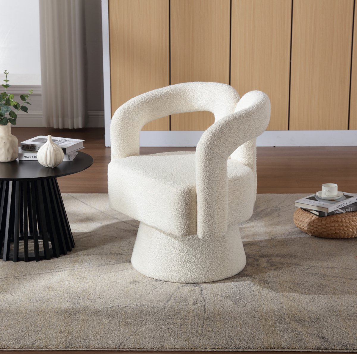 COVREO Fauteuil 67 x 55 x 74 cm - beige bouclestof, 360 graden draaibaar, met armleuningen