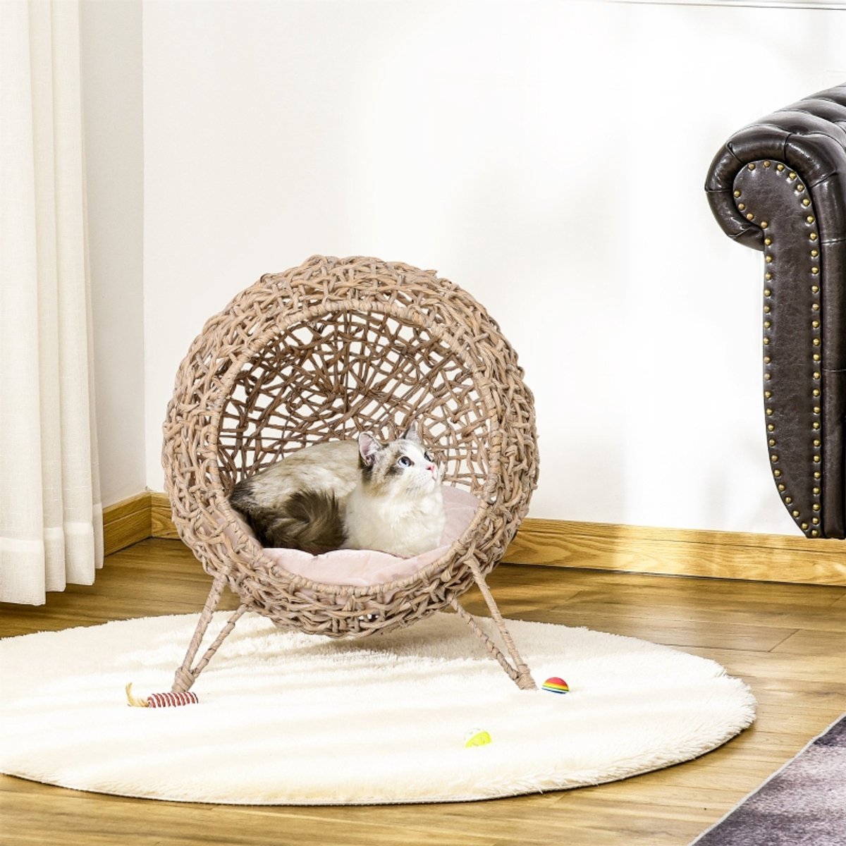 MIVRAY Kattenhuis - Handgeweven Rattan Met Kussen - Ø52 X 58 Cm - Metaal En Rotan - Bruin - Kattenbed Met Verhoogde Poten