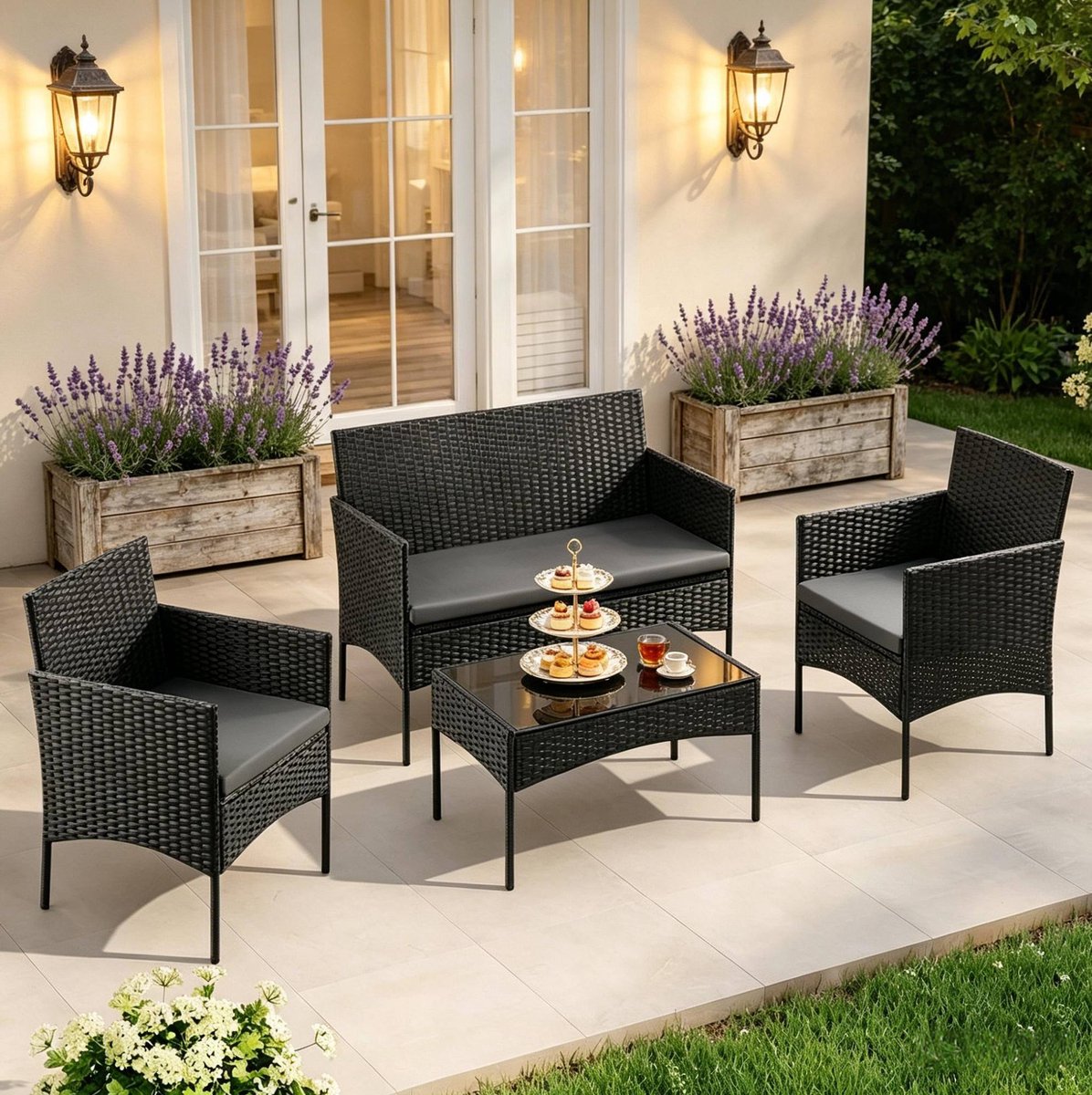 OKWISH Loungeset - 4-Persoons Stoel-Bank Loungeset Met Tafel - Met Kussens En Glazen Blad - Voor Tuin, Terras En Balkon - Polyrattan En Metaal - Zwart