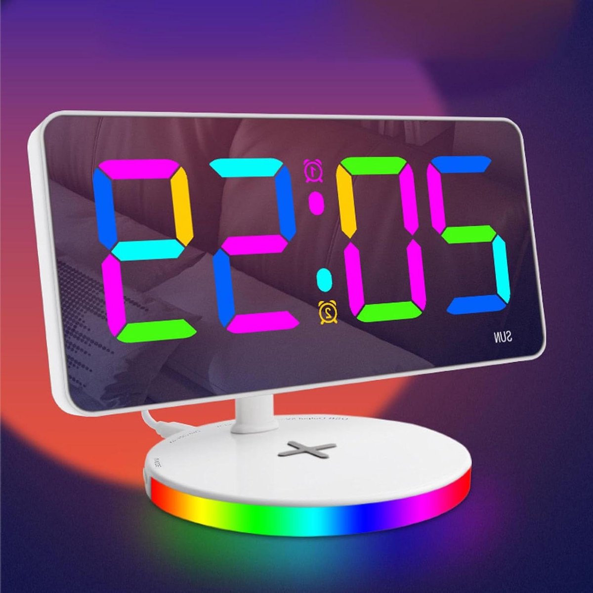 Digitale Spiegelwekker - Bureauklok Nachtlampje - Wakker Worden - Met Draadloze Oplader - 12 x 45 cm - Wit