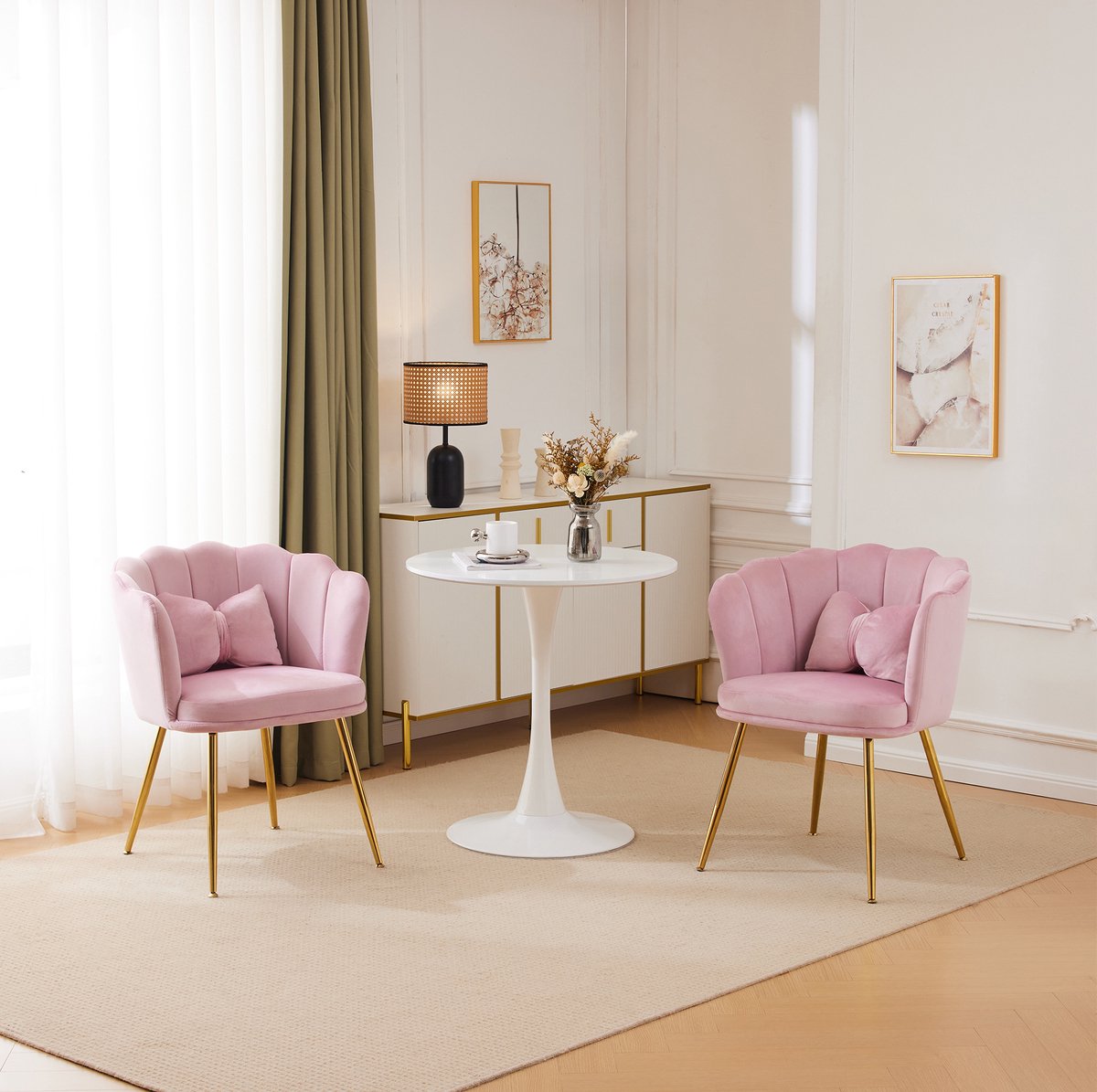 COVREO Fauteuil set van 2 63 x 58 x 77 cm roze velvet met armleuningen en metalen poten