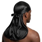 Zwarte satijnen durag douche muts voor heren en dames – glanzende hoofddoek met lange staarten en striksluiting – ademend haar accessoire voor dagelijks gebruik