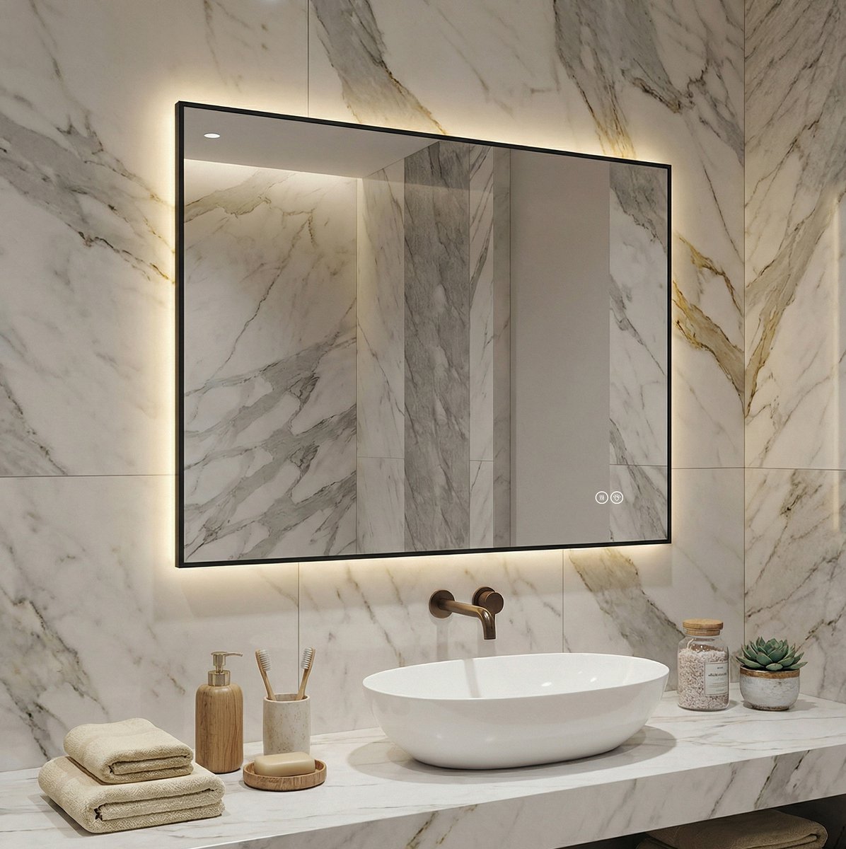 REDOM Badkamerspiegel LED - Aluminium frame met achterverlichting - Anti-condens, traploos dimbaar en memoryfunctie - Modern - Badkamer - Aluminium en glas - Zilver - 80 x 60 cm