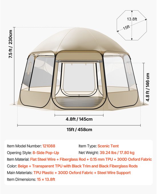 Opvouwbare Transparante Bubbel Tent, 458 X 432 X 230 Cm, Ruime Camping- en Tuintent met Ramen, 540° Panoramisch Uitzicht, Geschikt voor 12-15 Personen, Ideaal voor Terras en Achtertuin — afbeelding 5