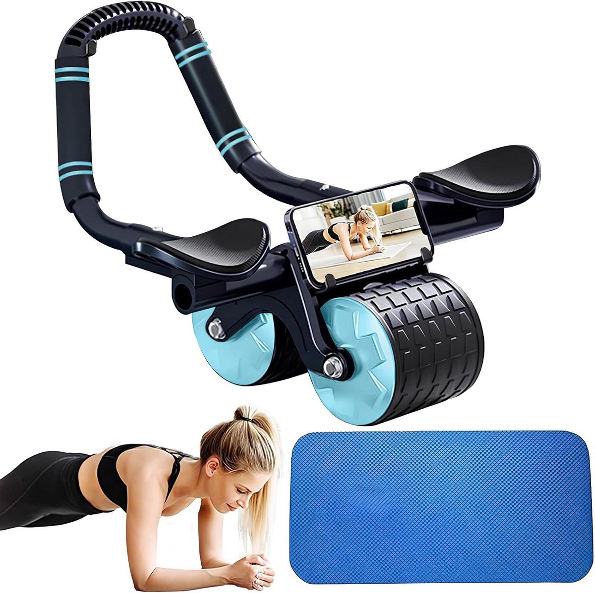 Buikwiel Trainer - Buikspierwiel Fitnesswiel - Spierkrachttraining Thuis - Automatische Terugslag - 10 cm Breed - Blauw