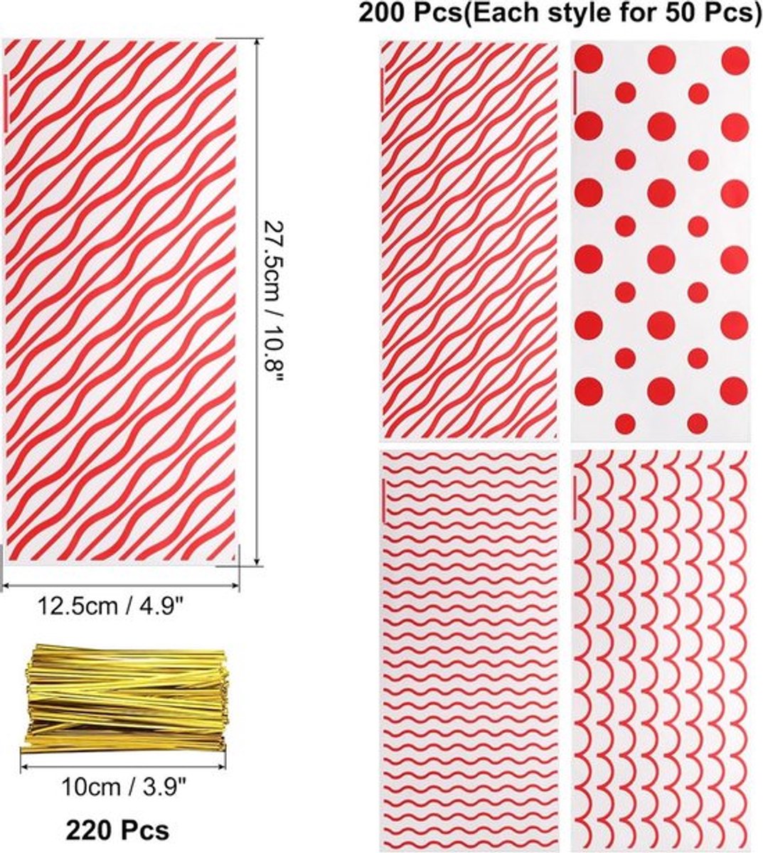 Cellofaanzakjes voor feestjes en bruiloften - 200 stuks - Rood met zilveren strikken