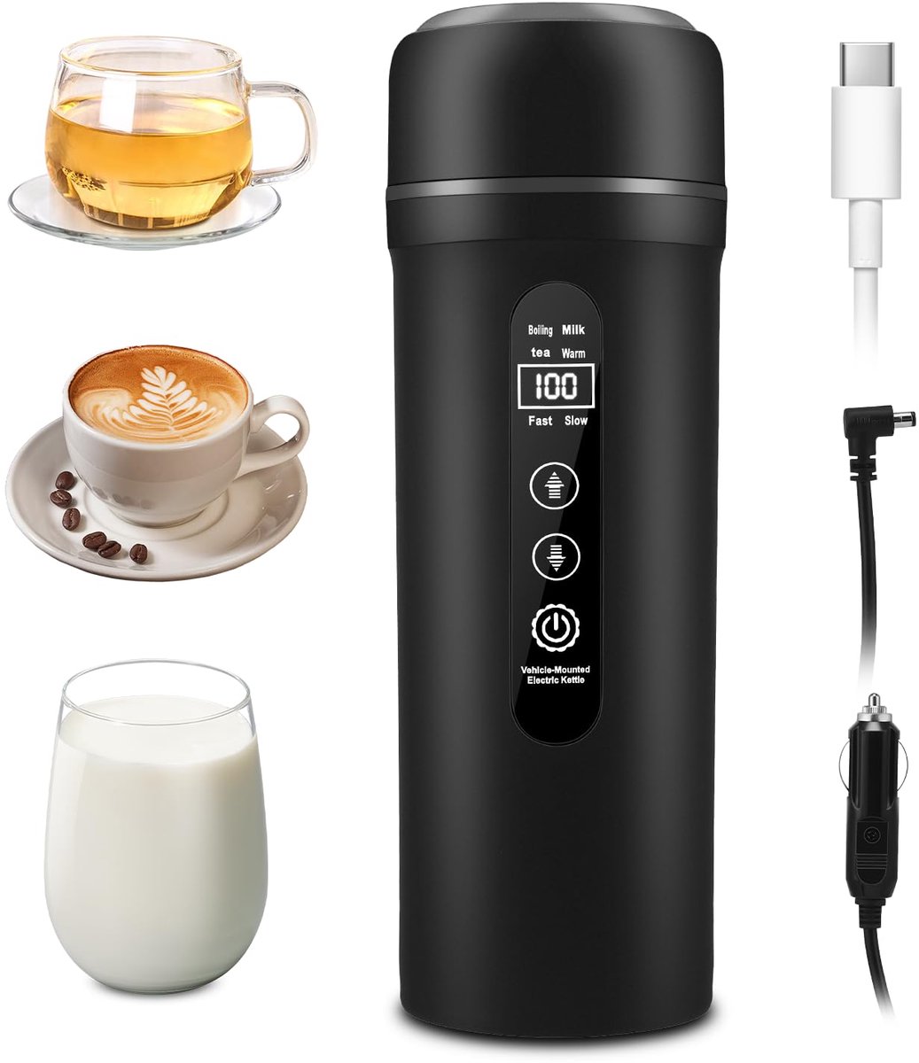 SnelShoppen - 12V 24V Waterkoker Auto 500ml, Roestvrij Staal Voor Vrachtwagen en Camper, USB-C Warmhoudmodus (45-55°C), Intelligente Accu Waterkoker m
