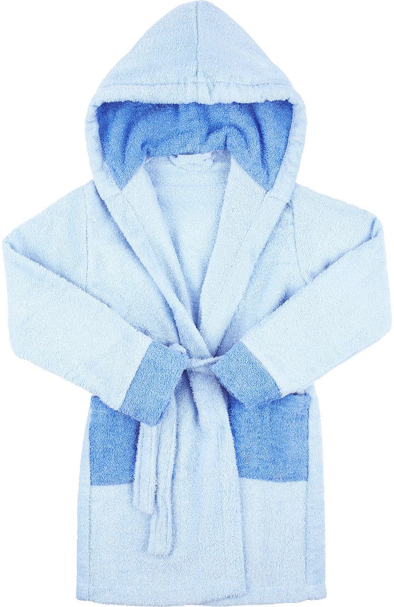 SnelShoppen - Kinder Badjas 100% Katoen Licht Blauw/Blauw LA40-103 voor Kinderen Maat 134-140, Ideaal voor Thuis, Vakantie en Zwembad