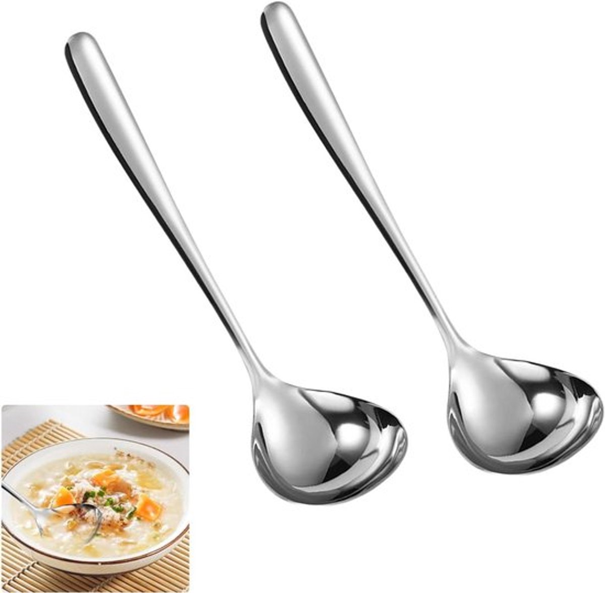 Set van 2 soeplepels van roestvrij staal, 20,5 cm lang, voor keuken, dressoir, restaurant, feest, vaatwasmachinebestendig.