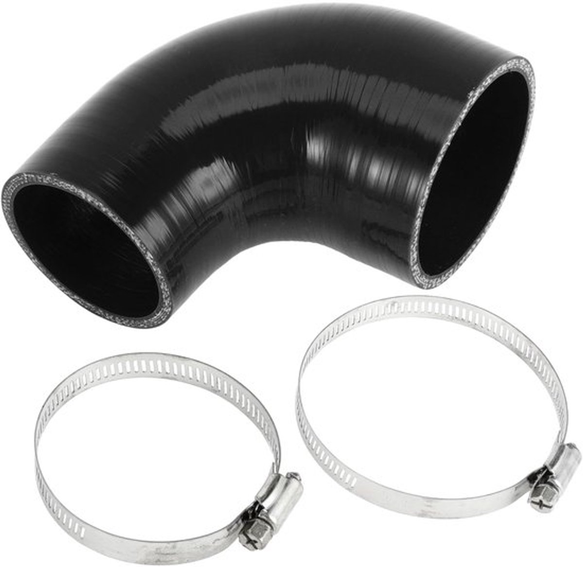 Siliconen Slang 90 Graden - Binnendiameter 60mm/76mm - Zwart - Meerlaags Geweven - Bestand tegen Hoge Temperaturen - Inclusief Klemmen - Koelslang