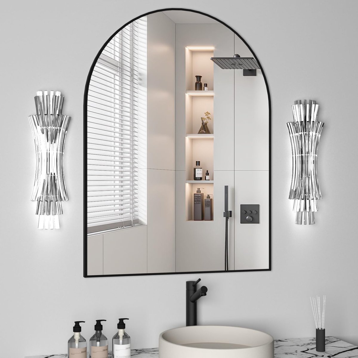 SnelShoppen - Gebogen Wandspiegel voor Badkamer 102x75 cm | Boogspiegel met Metaal Frame | Zwarte Make-upspiegel voor Slaapkamer, Entree en Woonkamer