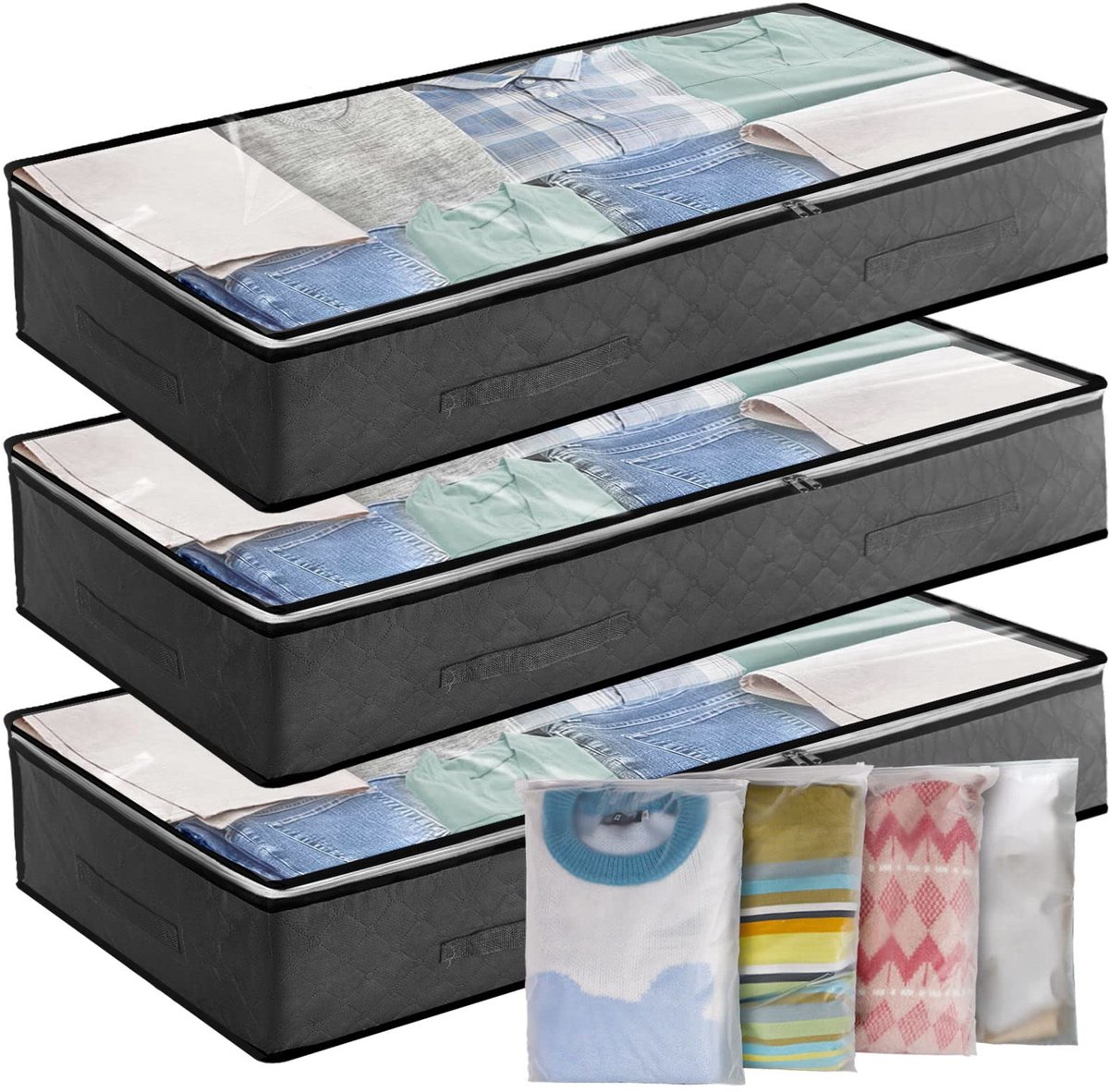 SnelShoppen - Onderbed Opbergtas 3 Stuks - Grote Opbergdozen voor Onder het Bed - 90L Capaciteit - Met 4 Ritszakken en PVC-Venster voor Kleding, Dekbe