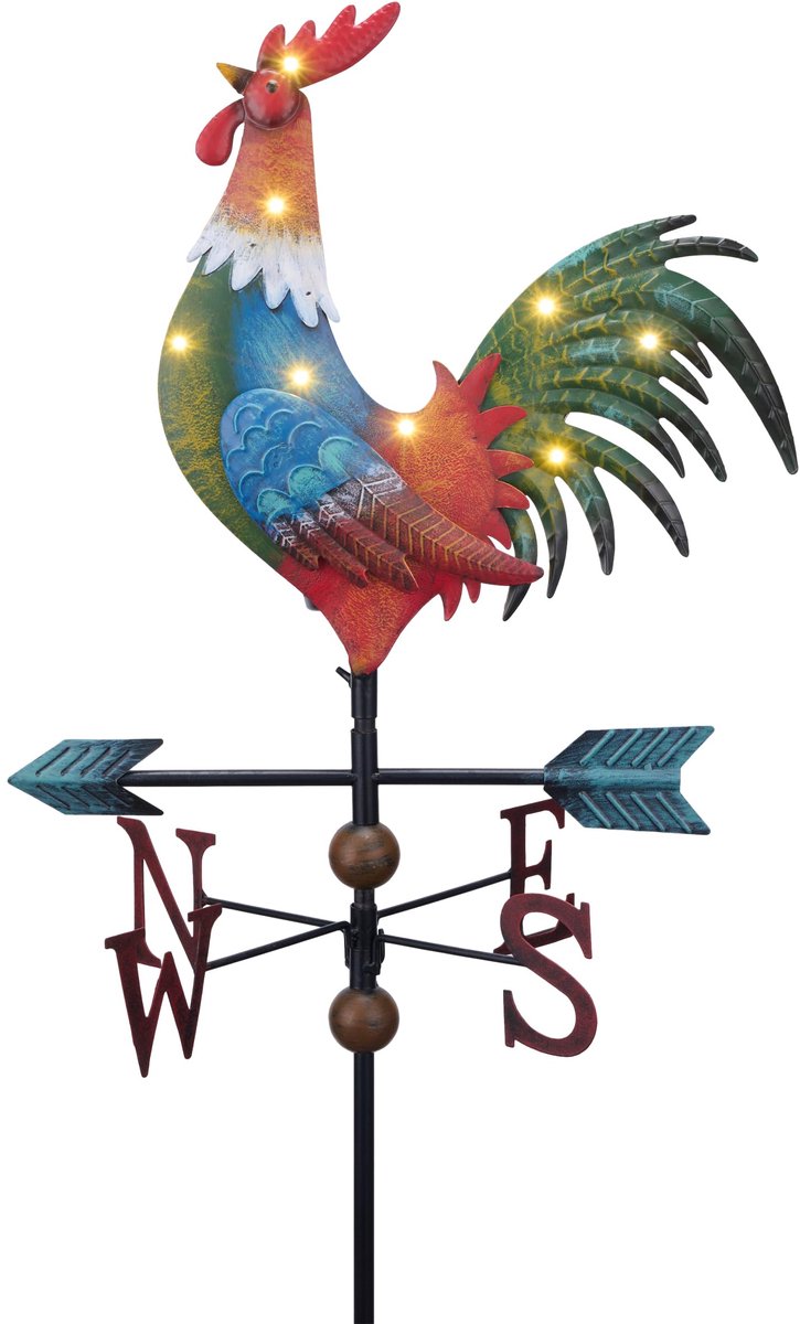 SnelShoppen - Tuinornamenten buiten - 86 cm metalen haan weervaan met zonne-licht - waterdichte tuinpaal decoratie voor gazon, tuin en dakrand, gesche