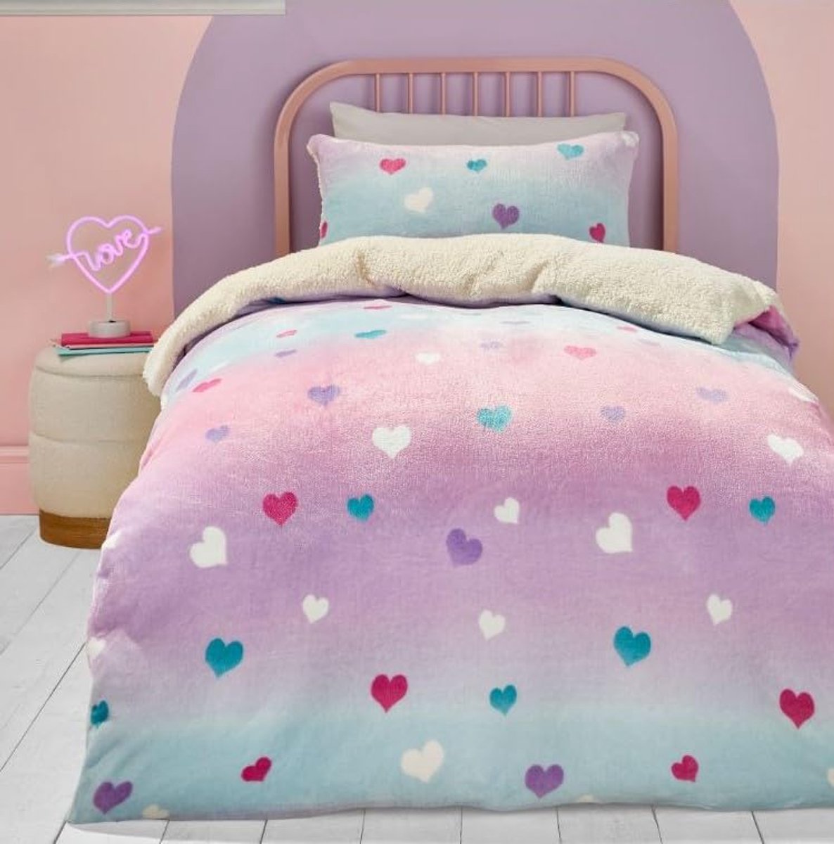 SnelShoppen - Dekbedovertrek Teddyfleece Roze Hartjes - Eenpersoons Beddengoed 140 x 200 cm - Gezellig en Zacht Fleece Beddenset voor Meisjes - Roze O